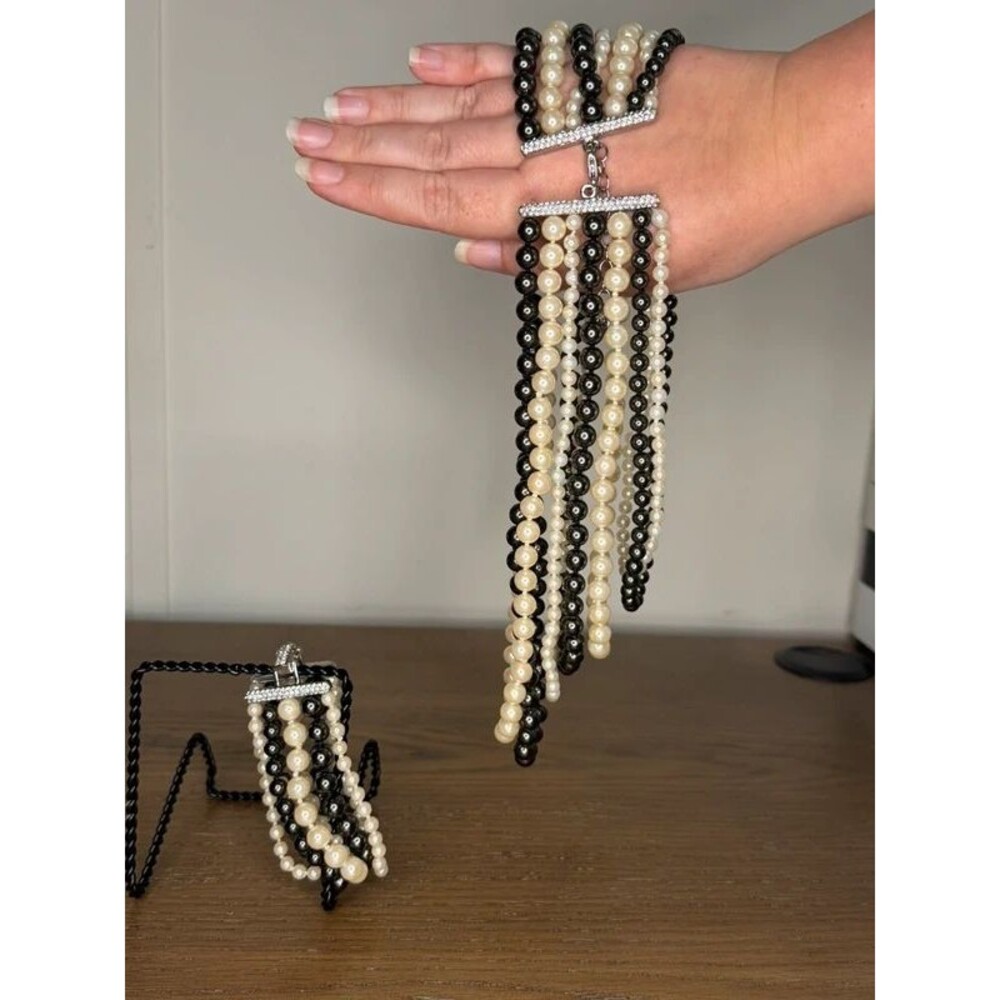 Black & Cream Faux Pearl Multi-Strand Necklace & Bracelet Jewelry Set